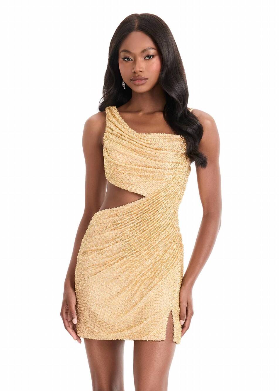 NEW ASHLEYLAUREN one shoulder rutched mini dress in gold